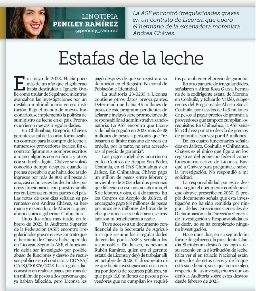 Melissa_Bely's tweet photo. ¡ Boooom !

Descubren que un funcionario de Liconsa le pagó más de un MILLÓN de pesos a personas...
¡ que ya habían fallecido !

Además "desvío"...
¡ 4.5 millones de pesos !

¿Adivinen quién es?

El hermano de Andrea Chávez en Chihuahua.

Lean la columna de Peniley Ramírez.

👇 https://t.co/mCdc6Rut5j