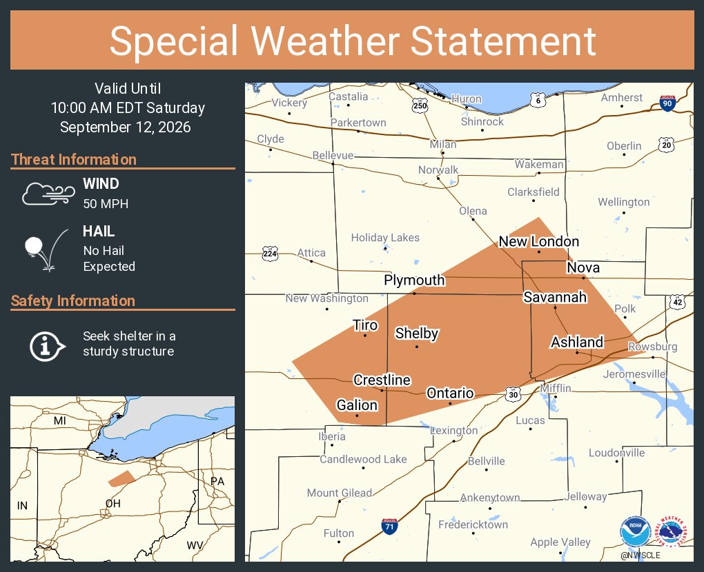 This graphic displays a special weather statement plotted on a map. The statement is in effect until 10:00 AM EDT. The statement includes Ashland OH, Galion OH and Shelby OH. A STRONG THUNDERSTORM WILL IMPACT SOUTHEASTERN HURON, NORTHERN RICHLAND and NORTHERN ASHLAND AND SOUTHEASTERN CRAWFORD COUNTIES THROUGH 1000 AM EDT. The threats associated with this storm are wind gusts up to 50 MPH and no hail is expected. Seek shelter in a sturdy structure until the storm passes.