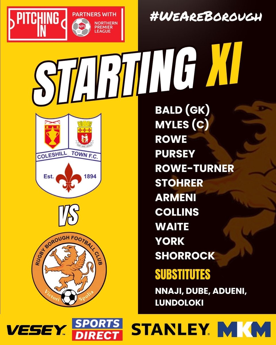 Rugbyboroughfc's tweet photo. Team news is in for this afternoons match against @coleshill_town_fc
Here’s your starting XI
@NorthernPremLge
#WeAreBorough #RugbyBoroughFC #BoroughFootball https://t.co/TMixQF096Y