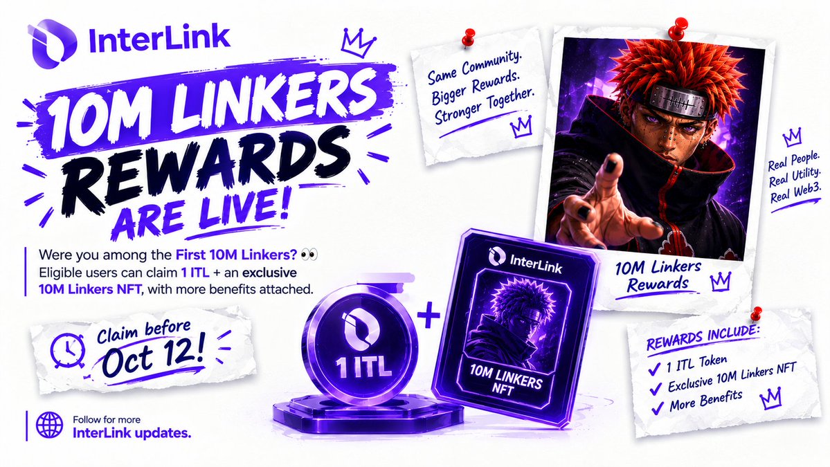 TimXWeb3's tweet photo. 🎆 10M LINKERS REWARDS ARE LIVE! 🌐🔥

Were you among the First 10M Linkers? 👀
Eligible users can claim 1 ITL + an exclusive 10M Linkers NFT, with more benefits attached.

⏳ Claim before Oct 12!

🎁 Claim: https://t.co/tHeI4koRty

#InterLink #ITLG #ITL https://t.co/rt8dHnvxnv
