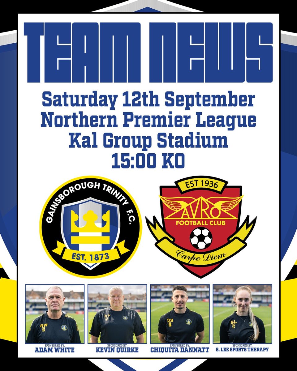 GainsTrinityFC's tweet photo. TEAM NEWS |
A couple of changes from last weekend's progression in the FA Cup. Archie Howard is between the sticks in place of David Robson for the #HolyBlues & Jack Leckie replaces Ben Blythe for today's clash with Avro |
#Trinity π #BlueArmy π΅ https://t.co/gTBgsrTAoz