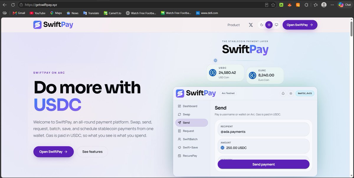 getswiftpay's tweet photo. Payments should not feel like a stack of tools.

They should feel like one place to move money.

SwiftPay is that place.

We just shipped a full revision of how stablecoin payments work on @arc.

One login. One wallet. Personal or Business on the same profile.

Send USDC or EURC in a few taps. Resolve a person by username, not a 42-character address. Fees stay visible. Gas is paid in USDC, so the amount you see is the amount you spend. 

Settlement is public on Arc, with a receipt you can keep.

That is the base layer. The update is what sits on top of it.

Business. A professional layer on the same wallet. Invoices with line items, tax, discount, and server-side totals. Share a public pay link. The customer does not need a SwiftPay account. 

Exact payment marks the invoice paid. Underpayment is handled by the rule you set. Overpayment is recorded, not quietly absorbed. Download a PNG receipt with the SwiftPay mark.

Circle. A group is now a money room. Chat, split, request, and save in the same place as the funds. No spreadsheet. No “I’ll send it later” thread.

RecurePay. Set frequency, start, and end once. Authorized settlements keep moving in the background.

BatchPay. CSV in. Up to 500 recipients. One settlement.

Request. Swap. Save. Earn. Payment links and QR codes. USDC ↔ EURC. Structured pockets. Optional vault yield where it is supported.

This is how payment gets revised:

Stop treating a transfer as the product.

Treat the transfer as the primitive.

Then build the workflows people actually run: invoice, collect, split, schedule, batch, save.

Same wallet. Same USDC. Same Arc finality.

Do more with USDC.

Open SwiftPay: https://t.co/vKBKQssBRf