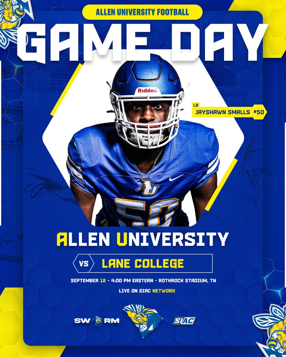 auyellowjackets's tweet photo. Lock in. Itβs Game Day. π€π
Allen University vs. Lane College
π Rothrock Stadium, TN
β° 4:00 PM EST
πΊ SIAC Network
Time to hunt. ππ‘π΅
#AllenUniversity #YellowJackets #SIACFootball #GameDay #HBCUFootball https://t.co/tleSHCWRPh