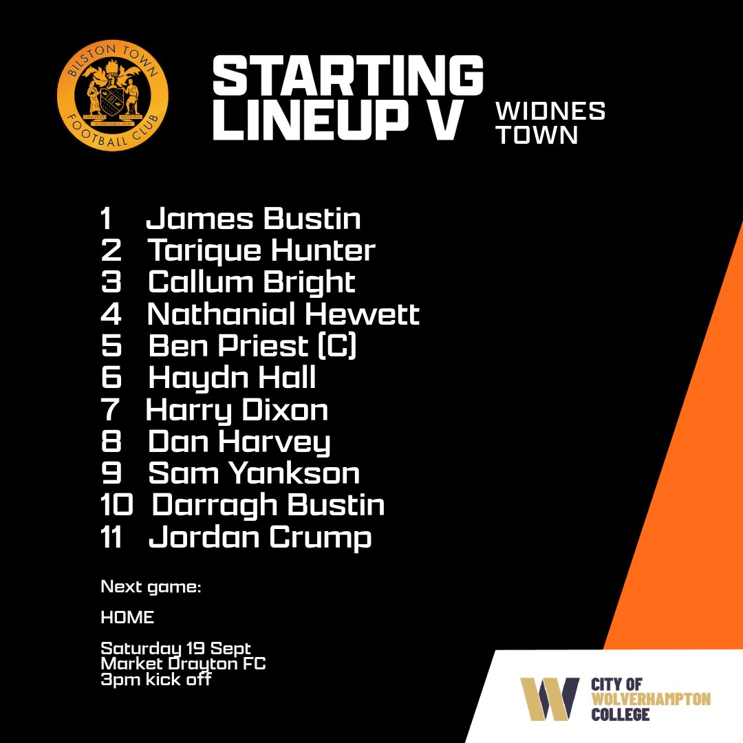 BilstonTownFC's tweet photo. Our starting line up this afternoon at Queen Street. 🧡

@WidnesTownFC 
@nwcfl 

Principal partners:
@wolvcoll https://t.co/9LvDpYXK8u