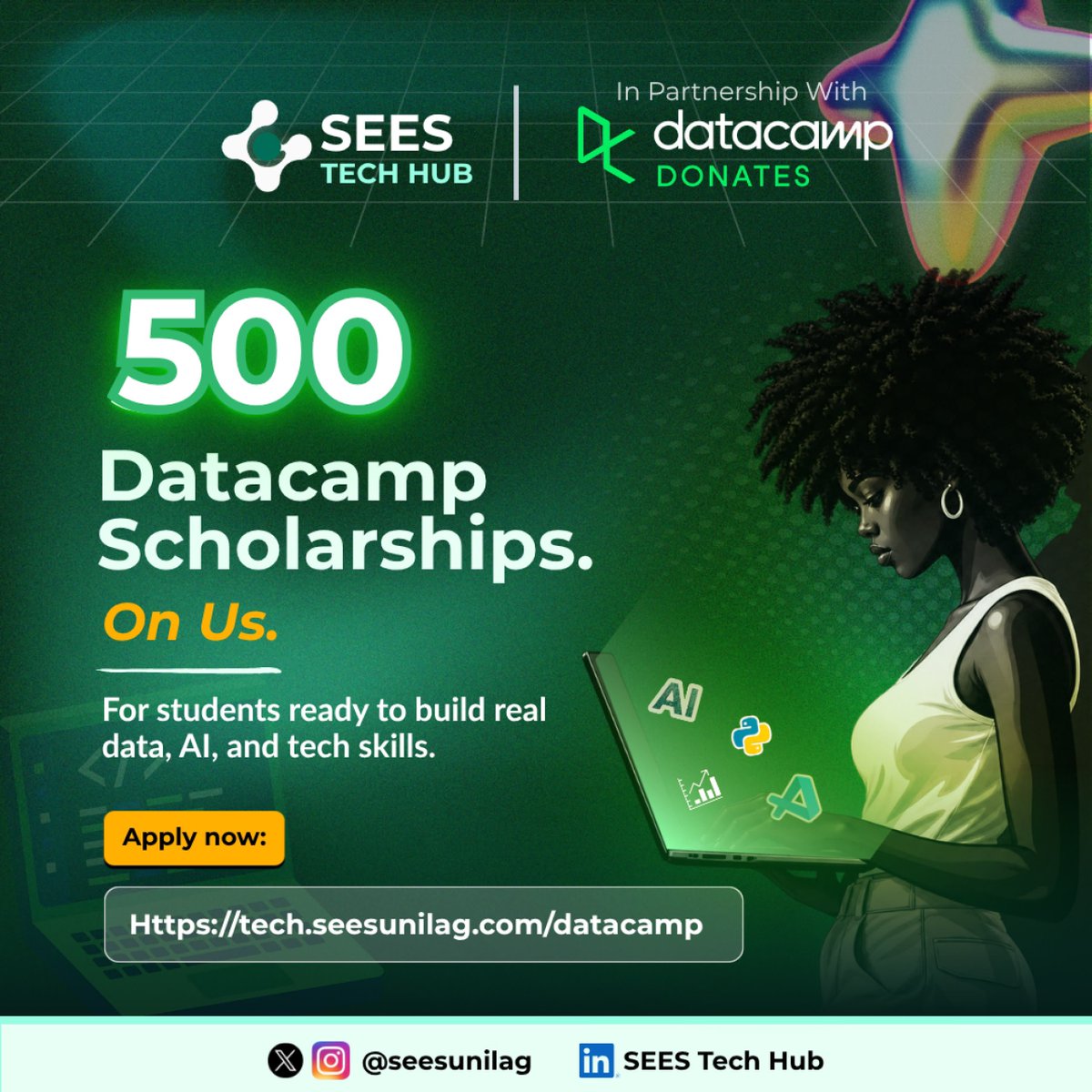 SEESTechHub's tweet photo. STH , in partnership with DataCamp Donates , is giving out 500 full scholarships to students ready to build real AI, &amp; tech skills .

What you get 💚:
✨ Full access to DataCamp courses &amp; learning tracks
✨ Hands-on projects &amp; certifications

Apply here 👉 https://t.co/ZbSaicZ3LT https://t.co/rKzI0IofyZ