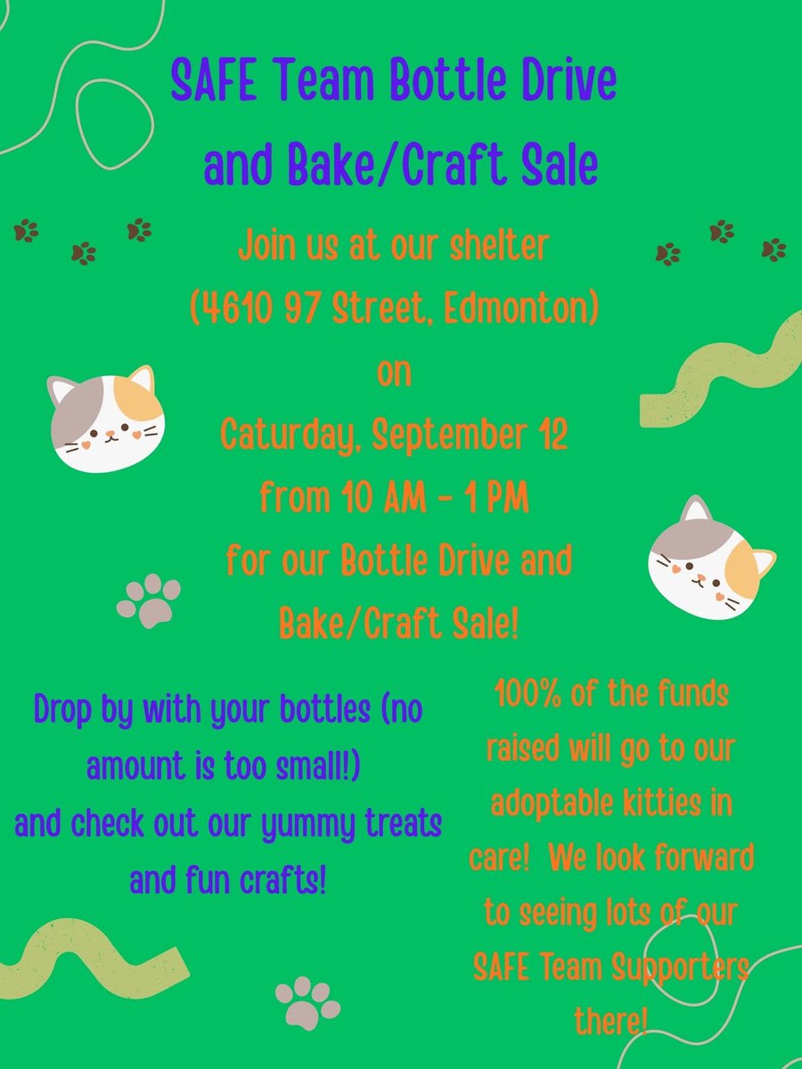 SAFEteamrescue's tweet photo. Today’s the day!  Join us for our bottle drive and bake/craft sale at our shelter (4610 97 Street NW, Edmonton) TODAY from 10 AM - 1 PM!

Please drop by with your empties today (no amount is too small, every bottle counts) and check out our yummy treats and fun crafts too! https://t.co/e0oVlWmDQT