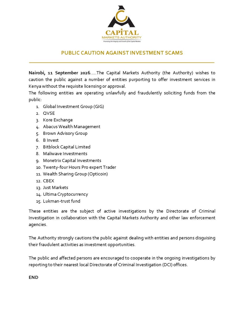 MwangoCapital's tweet photo. The Capital Markets Authority has warned the public against 15 entities it says are operating without required licences and fraudulently soliciting funds.: https://t.co/QQVD0gbpAx