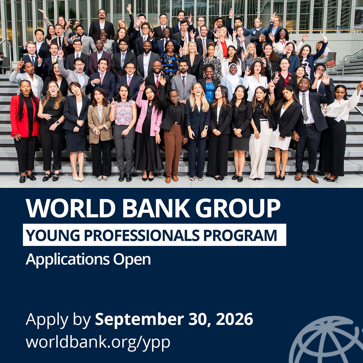 IFC_org's tweet photo. Applications for the @WorldBankGroup Young Professionals Program are now open.

Apply to join a community of talented professionals working to tackle some of the world's most pressing development challenges while accelerating your leadership journey: https://t.co/aPKCBJfSap https://t.co/zdGkBuVR5I