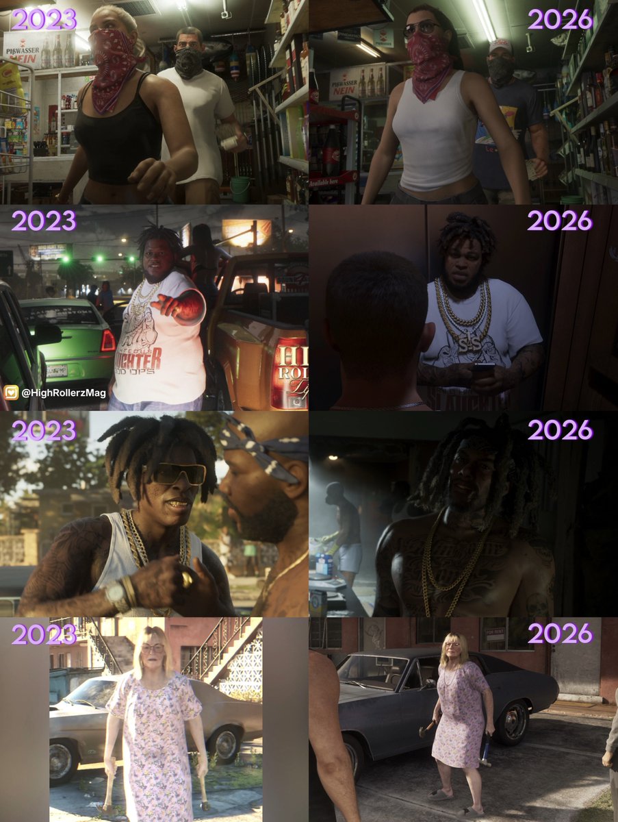 mathisFOR2's tweet photo. Here’s a GTA 6 comparison of the exact same scenes and characters from Trailer 1 (2023) and the Extended Look (2026). https://t.co/nQTaqcctXw