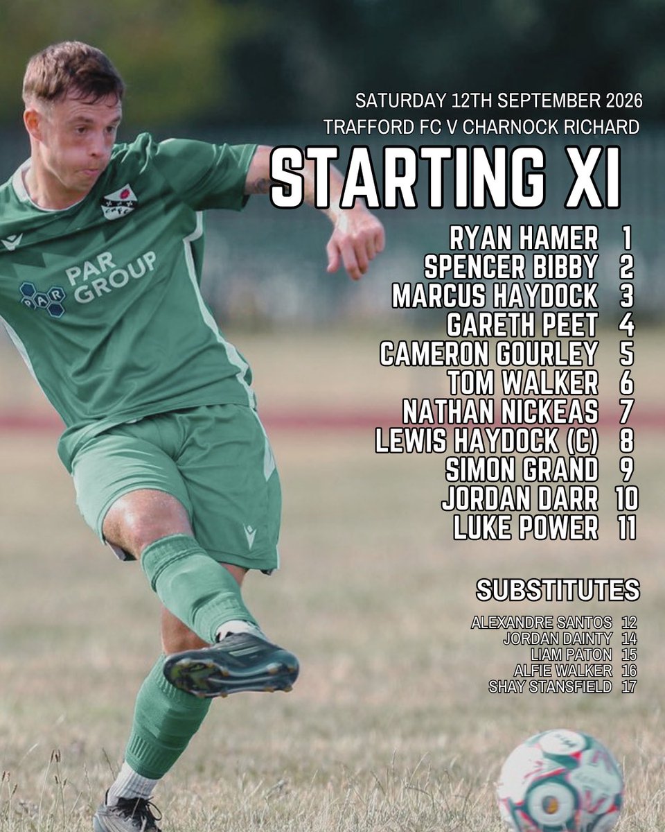 CharnockFC's tweet photo. 🚨 STARTING 1️⃣1️⃣ | Here is your Charnock Richard 11 to take on @FCTrafford 

3️⃣ Changes from last weekend. 

Luke Power and Lewis Haydock return to the starting 11, as well as a Charnock Richard return for Simon Grand!

#GreenArmy 💚 https://t.co/2IVy46pi5P