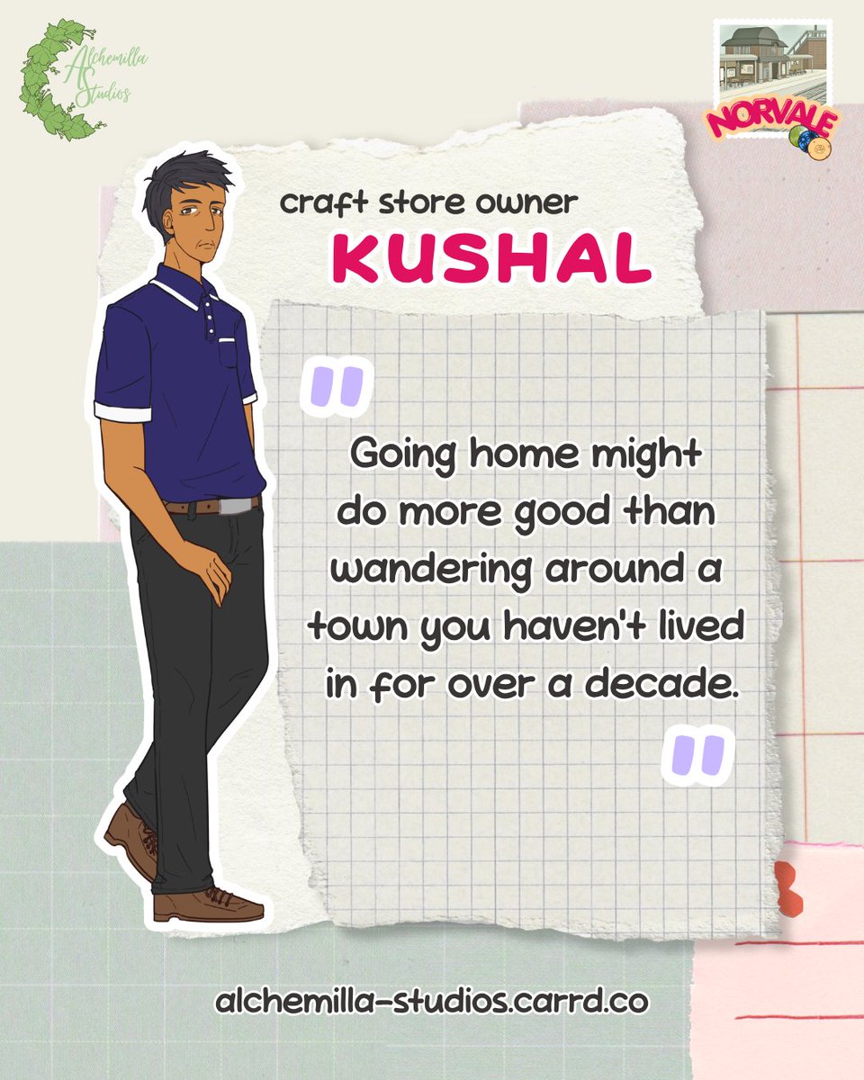 Alchemil_Studio's tweet photo. 🪡 Kushal
“Going home might do more good than wandering around a town you haven’t lived in for over a decade.”

Sara’s father &amp; owner of the Craft Store. Due to his quiet but blunt nature, he doesn’t get along with Frank, the owner of the Toy Store across the street.

#norvalevn https://t.co/rUWyHA8Fk6