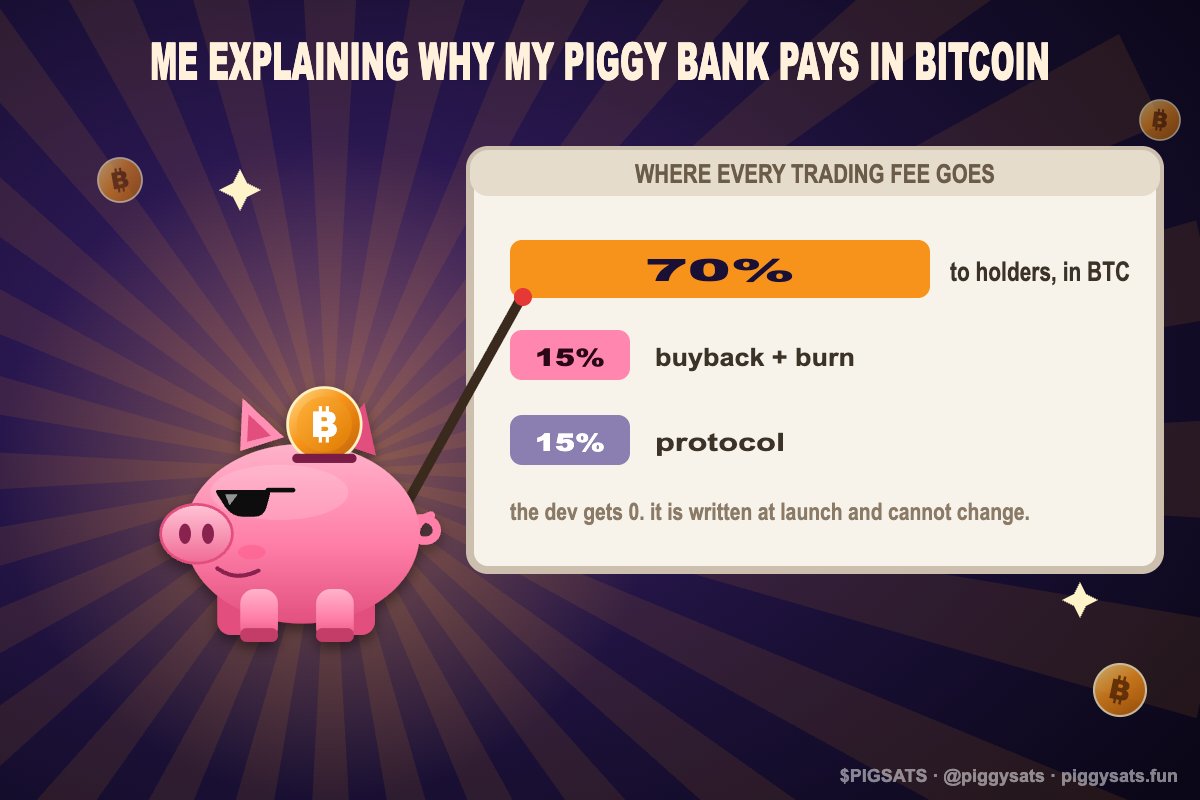 piggysats's tweet photo. every memecoin: "utility coming soon"

$PIGSATS: 70% of every trading fee buys WBTC and goes to holders. the dev's cut is zero, and the split can never be changed 🐷

launching soon via @otc_labs https://t.co/RuAzcrYO2F