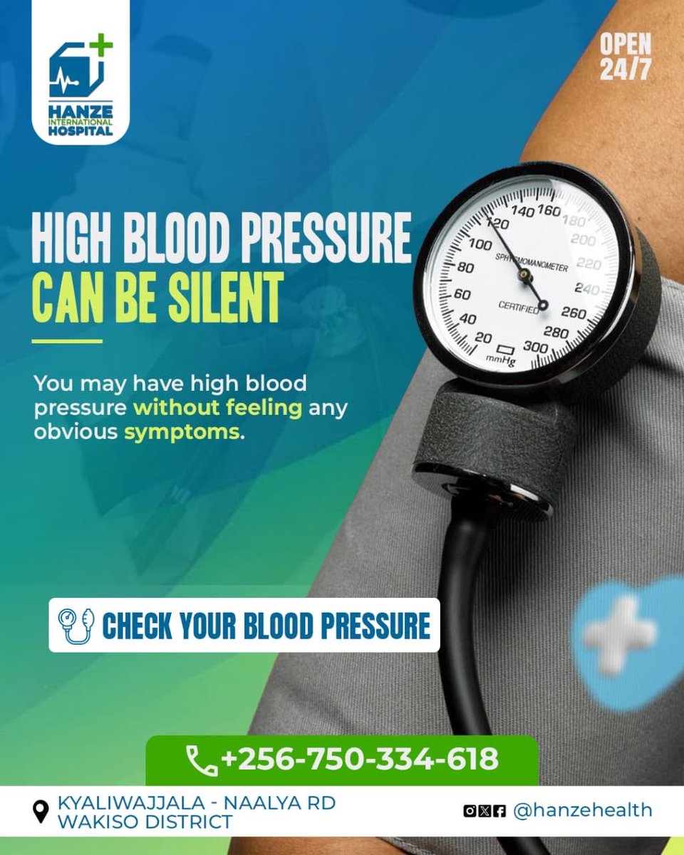 HanzeHealth's tweet photo. High blood pressure is silent. You can feel fine and still be at risk. 
Do not wait.,Come and visit us at our hospital in Naalya along the Naalya Kyaliwajjara Road. Or call us on 0750334618 to schedule a check up
Get checked today. https://t.co/pXCVdEtEOf