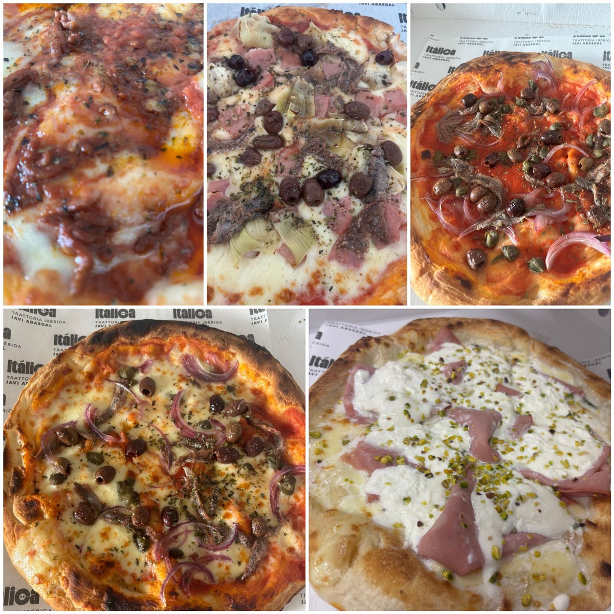 Marise1961's tweet photo. Magníficas las pizzas de @italica_sevilla de @Javiabascalchef . Extraordinarias. Hoy hemos tomado la Siciliana, 4 estaciones, Boloñesa y Mortadela con pistacho. Y el tiramisú delicioso!!! Enhorabuena!!! https://t.co/vDqwzm7NUX