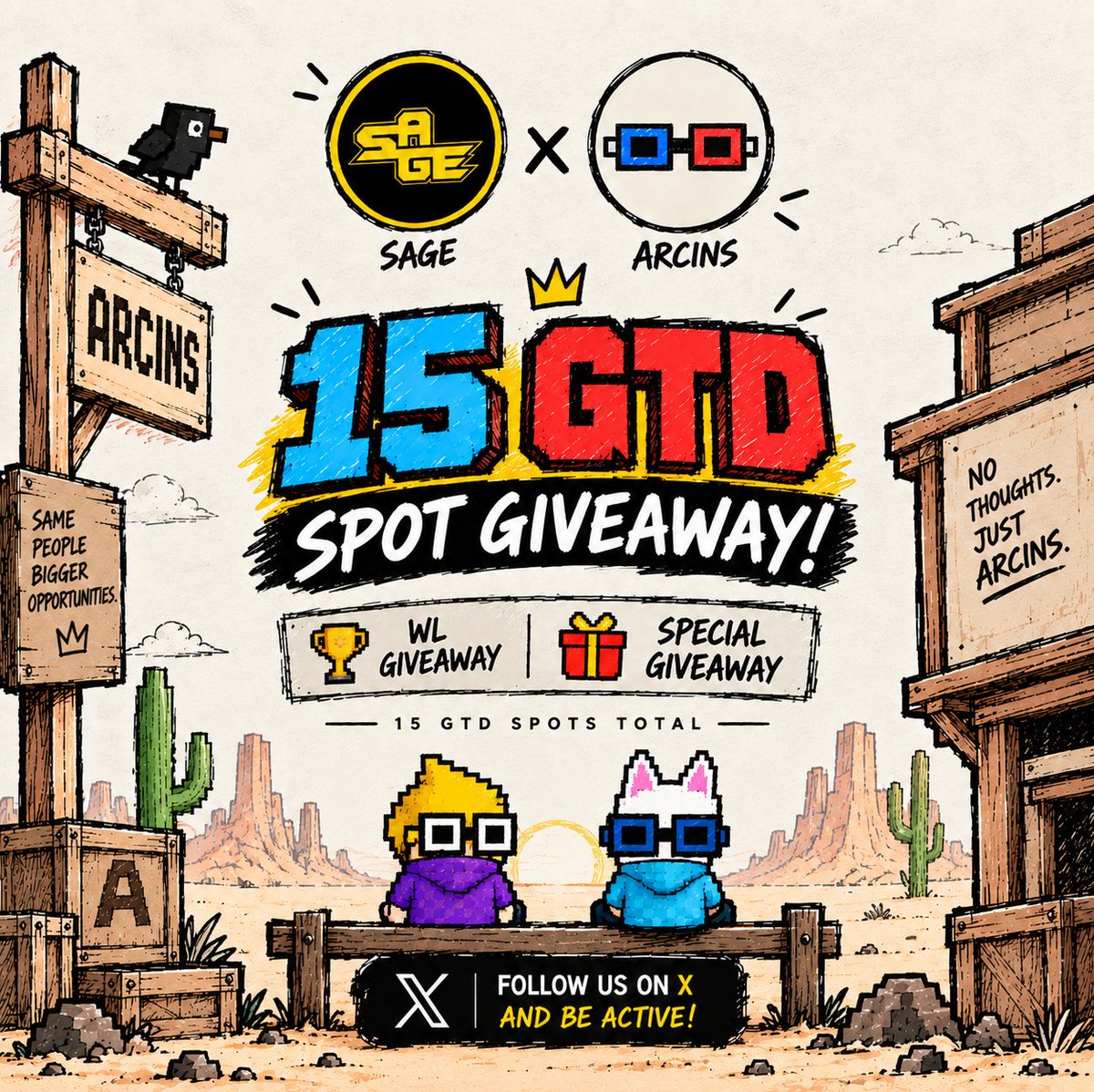 SAGEAIRDROPS's tweet photo. 🎁 ARCINS × SAGE ANOTHER GIVEAWAY 🎁

🔥 Great response in the last giveaway, so the team allocated even more slots for the SAGE Family! 🫡❤️

We’re bringing you 15 GTD spots for the upcoming ARCINS mint!

🏆 15 GTD

About ARCINS 
10,000 tiny pixel sprites built for day one of @arc Mainnet.

🧩 Supply: 10,000
⛓️ Chain: Arc Mainnet
💰 Mint: Sept 16

Mint Price: 
GTD: 0.5 USDC, 
WL: 0.5 USDC, 
Public: 1 USDC

Launch Type: GTD + WL + Public Mint

How to Enter

1⃣ Follow @Arcins__ , @Crypto_SunnyS & @SAGEAIRDROPS 
2⃣ Like + RT this post
https://t.co/B7uEyZdpEl
3⃣ Like + Repost this giveaway tweet
4⃣ Drop your wallet address

⏳ Don’t miss your chance to secure an ARCINS spot!

Some stay pixels.
Some become Arcins.

Good luck everyone! 🍀