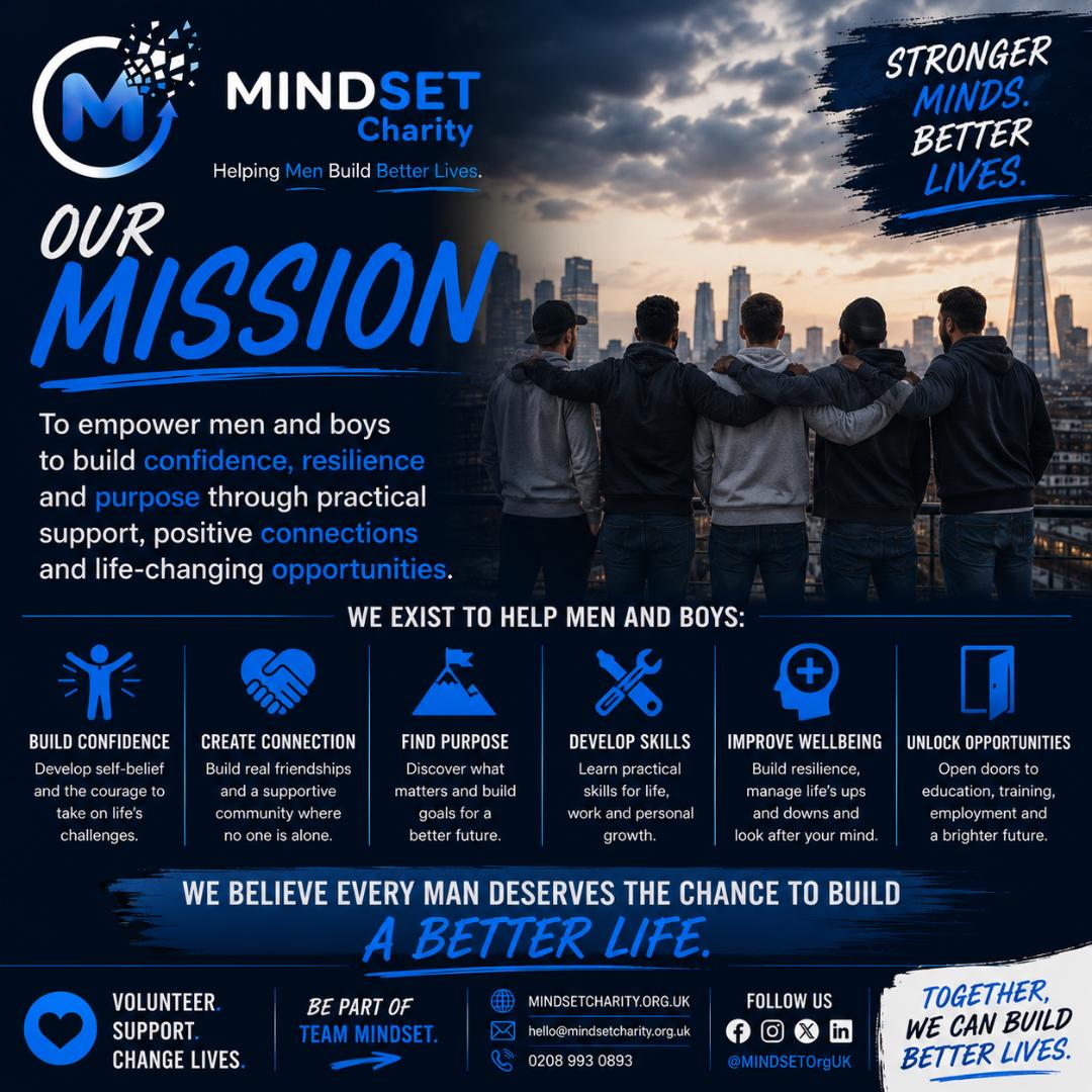 MINDSETOrgUK's tweet photo. Every man &amp; boy deserves the chance to build a better life.

MINDSET empowers men &amp; boys to grow in confidence, resilience, purpose &amp; connection—through practical support, real community &amp; life‑changing opportunities.

Stronger minds. Better lives. Together.

#MINDSETCharity https://t.co/L45DkNSU0a