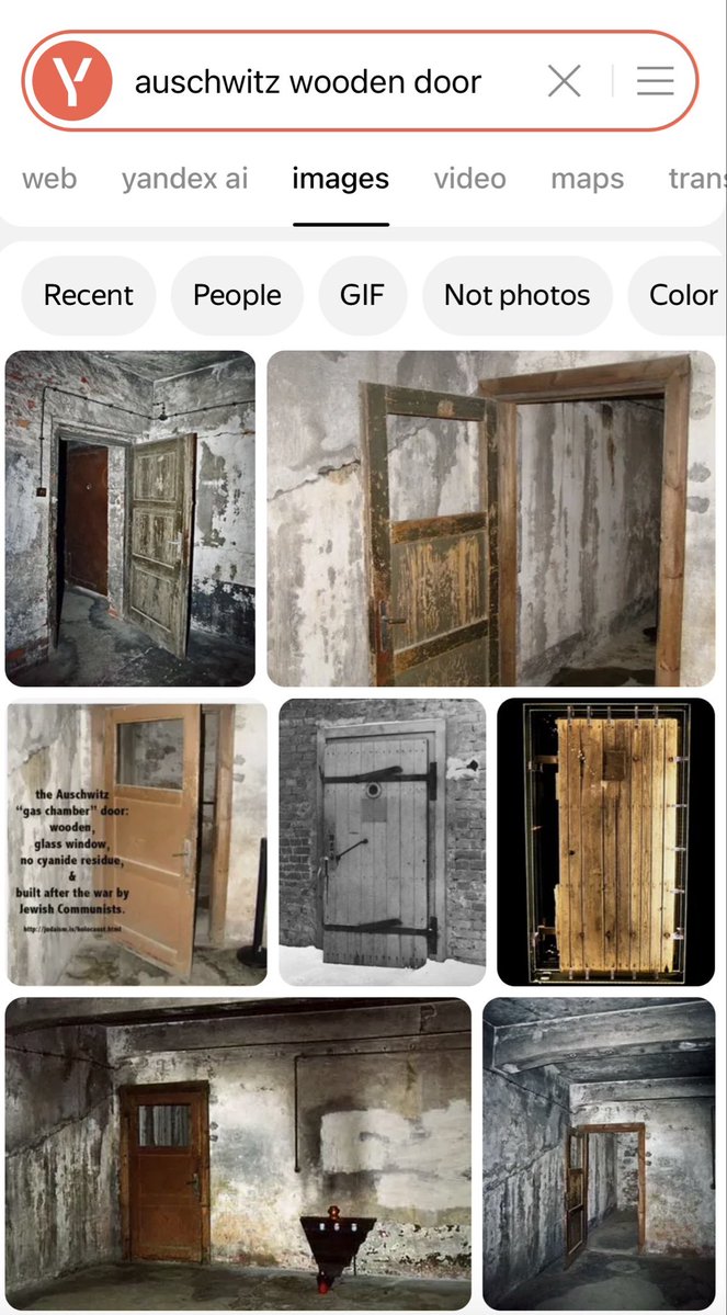 Uncommonsince76's tweet photo. Google image “Auschwitz Wooden door”

-Doesn’t come up with it at all. 

Yandex image “Auschwitz wooden door”

-Comes right up and shows how ridiculous it is that that would seal a “gas chamber”…

You have been lied to your whole life. https://t.co/nanmCRkoNt