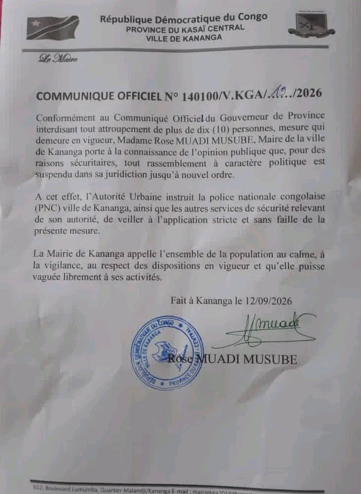 LestandardN's tweet photo. Kananga : les rassemblements politiques suspendus jusqu’à nouvel ordre.

La Maire de la ville, Rose Muadi Musube, justifie cette décision par des raisons sécuritaires, conformément à l’interdiction de tout attroupement de plus de 10 personnes.

La PNC est chargée de veiller au strict respect de cette mesure.

#Kananga #KasaïCentral #RDC