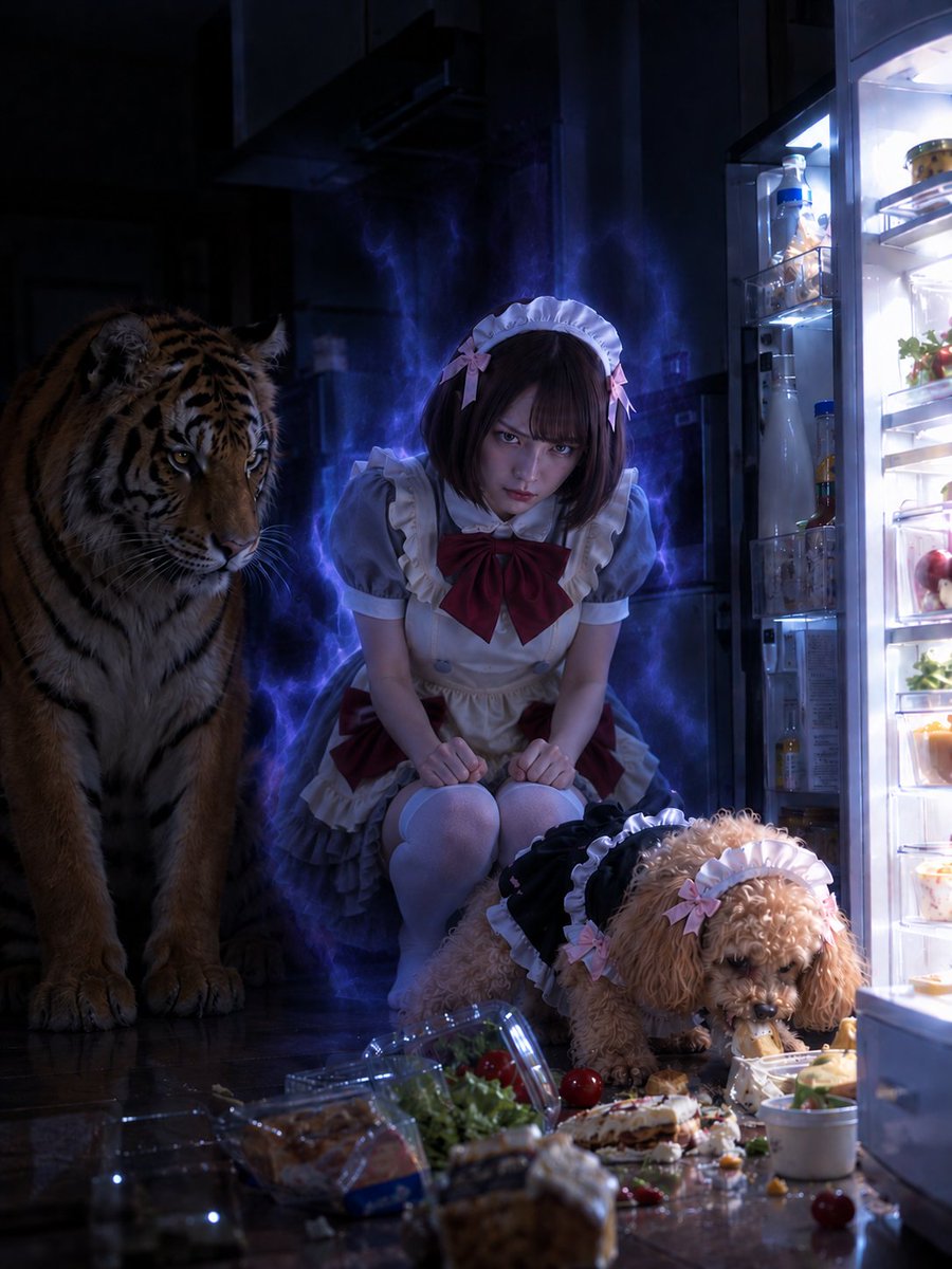 mamichan_jpn's tweet photo. おはよう☀️今日は虎の日🐯
このごろ冷蔵庫の中身が消えるから、番犬がわりに虎を飼ってみたの✨
深夜、虎さんが「怪しいやつがいる」って教えてくれて、犯人を見つけたら…やっぱりきなこ😳🐶
私はブチギレ、この後きなこはどうなった？
みんなの予想をリプ欄で教えてね🐾
#TigerDay #MaidDog https://t.co/7hS8sejup0