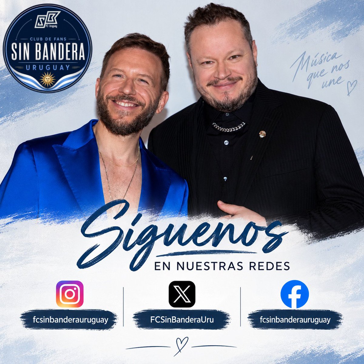 FCSinBanderaUru's tweet photo. 📲 Seguimos compartiendo la música, las novedades y cada momento junto a @sinbandera, @NoelSchajris y @LeonelGOficial. 💙
Encontranos en todas nuestras redes.

#sinbandera #uruguay https://t.co/Qu3TN4SRGq