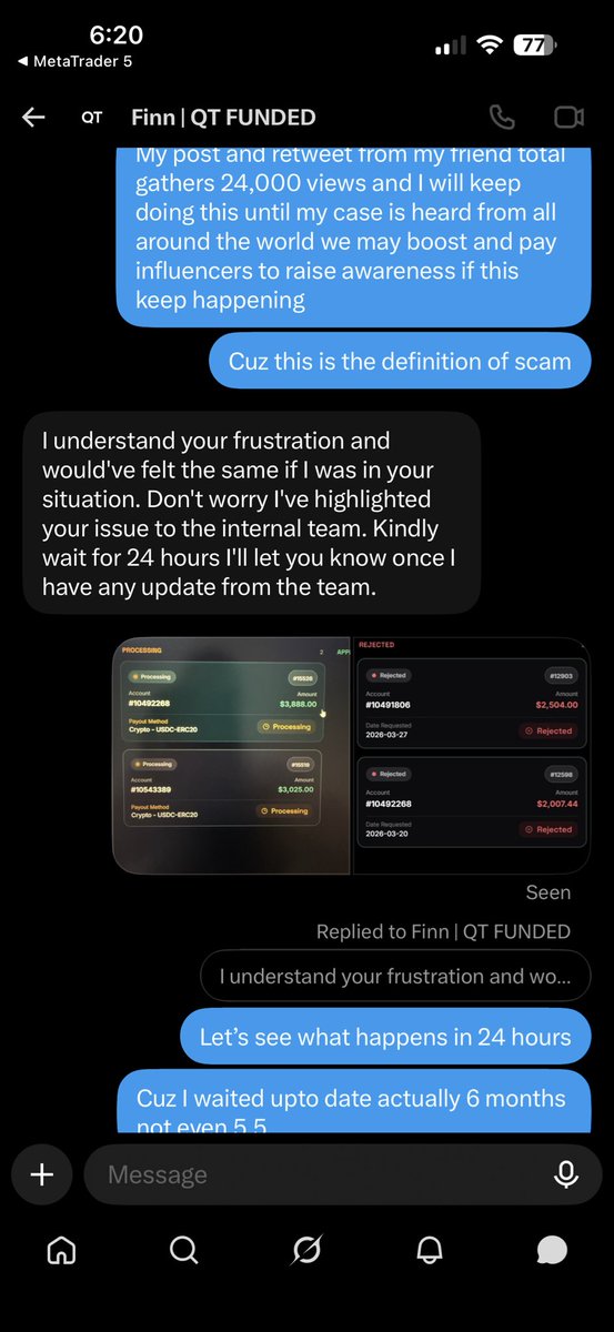 Goldberg_FX's tweet photo. Biggest day light robbery in history of propfirm  was done by @QtFunded 

Just in the last 10 days almost all of the traders with pending payout was breached with either one-sided betting or margin rule 

The proofs in videos is just from last 30 hours and they keep breaching everyone from last 10/15 days with these rules 

Imagine among them was a few traders who took only 1 trade per day was also breached by one-sided betting all these traders went though multiple interview extra 30 days cycle and an average wait time of 3-6 months after all this QT decided to vanish their hard work and scam them for their time and money this has to stop immediately pay everyone and we all part our ways with your firm for ever legal action should be take against them 

Before 2 months they breached everyone with false news and exposure breach

Some of the traders were forced to sign NDA to keep them quiet that’s the level of scamming they reach to 

I request every trader reading this to engage with my post and expose this scammer firm only a trader understands a trader how hard it is to reach payout and after all this u have to deal with this shit 

What’s funny is I was contacted by @Finn_QTFunded yesterday and he told me to get back to me within 24 hours and as usual he ghosted me what they do is they will write a comment under your post that dm me and once u dm they will ignore u for ever 

Me personally am waited 6 months with 3 interview and 30 date cycle just for them to breach both of my accounts and accuse me of one sided betting and harassment 

Shame on you @JamesQuantTekel and @AlexQuantTekel @Finn_QTFunded @QtFunded @propwatchmedia @propfirmeye @PropFirmsGuru @propfirmsupdate @PropFirmMedia @PropFirmMatch