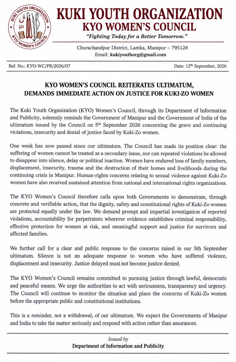 Kuki_youth_org's tweet photo. ⚠️ ULTIMATUM REMINDER

KYO Women’s Council reminds @YKhemchandSingh @narendramodi @AmitShah @PMOIndia: our 5 Sept ultimatum remains in force.

We demand justice, protection &amp; accountability for Kuki-Zo women.

Act now. Silence is not justice.

#JusticeForKukiZoWomen https://t.co/sXrDyxs0dK