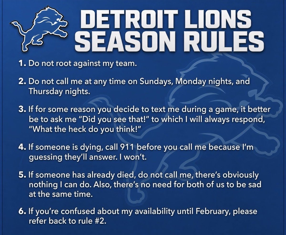 DLFPtweets's tweet photo. WE’RE SO BACK.

Do not call. Do not text.

I’m watching the Lions.

#OnePride https://t.co/ihUvdMuAda