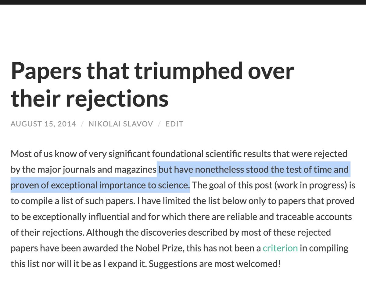 slavov_n's tweet photo. Some of the most important scientific results were initially rejected before they became important milestones of scientific progress.

 🔷  If you have great results, this is one of the most effective ways to help them succeed: https://t.co/s2Ndib4o0j

1/ https://t.co/LYaAlNZNFe