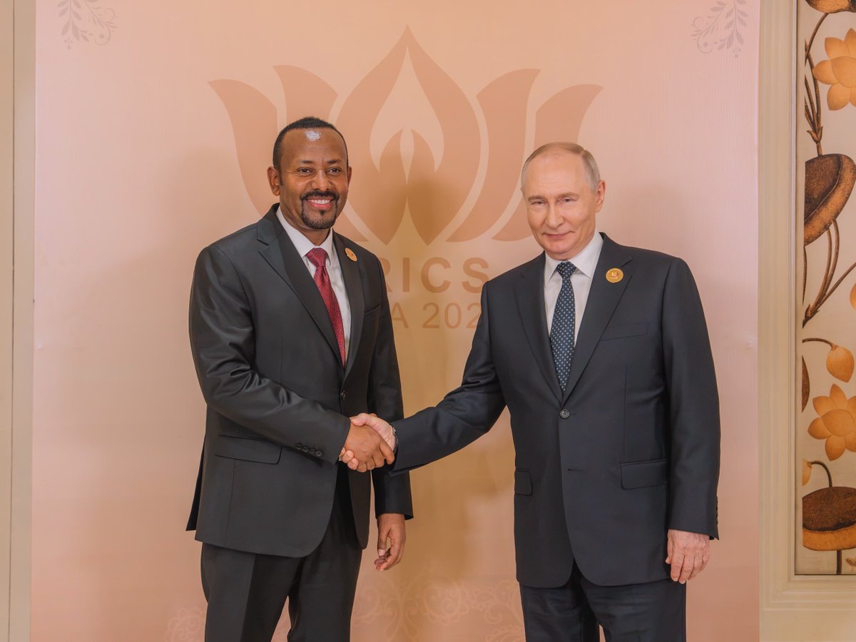 AbiyAhmedAli's tweet photo. I had the opportunity to meet with President Vladimir Putin as well today for a constructive discussion on strengthening the strategic partnership between Ethiopia and Russia.

Our discussions reaffirmed our shared commitment to advancing cooperation across key areas, including defence and security, trade and investment, education, and technology. We also explored opportunities to expand educational exchanges and deepen collaboration in cultural and people-to-people ties.

We further discussed strengthening our cooperation on climate and development priorities, including collaboration toward COP32, while working together to expand mutually beneficial trade and economic exchanges.

🇪🇹 🇷🇺