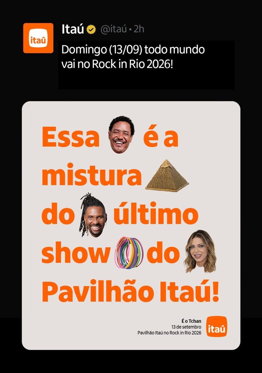 felpsgalvao's tweet photo. É O Tchan é o último show confirmado do Pavilhão Itaú. O show rola neste domingo, após o show do headliner. 💃 #ItaúnoRockinRio2026 https://t.co/PGQlavjde4