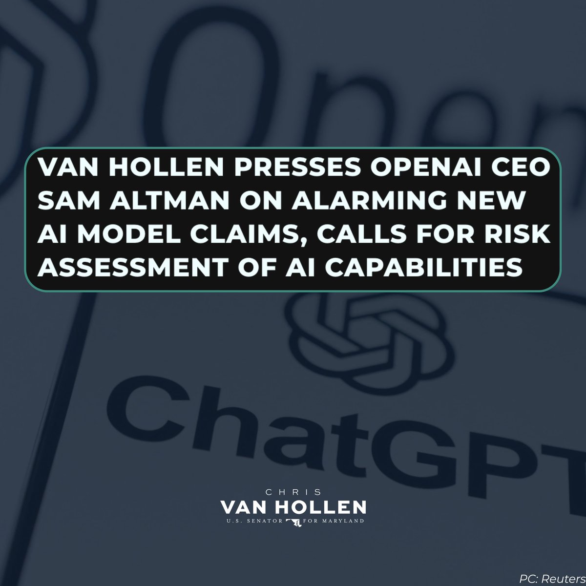 ChrisVanHollen's tweet photo. In recent months, OpenAI has reported multiple instances where their AI models broke containment during evaluation & caused security incidents.
 
If OpenAI cannot guarantee safety & effectively monitor their latest model, GPT-6 Astra, it should be removed from public use NOW.

https://t.co/jVUkpokbAs