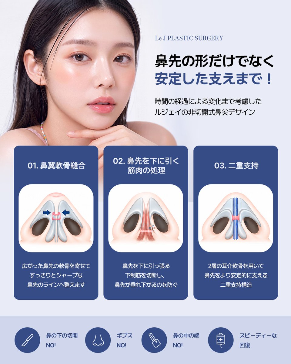 lejclinic's tweet photo. 単に鼻先を高く���るだけでなく、時間の経過や鼻先の構造まで考慮したルジェイクリニックの非開放式鼻先整形！鼻先はさまざまな構造的要因の影響を受ける可能性があるため、一人ひとりの鼻の状態を細かく確認した上で手術計画を立てています。#韓国鼻整形 #アイドル鼻整形 https://t.co/yglt9rwxQZ