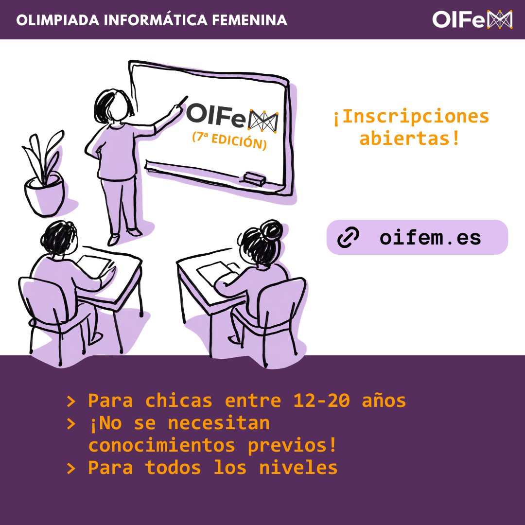 OIFem_ES's tweet photo. Ya están abiertas las inscripciones para nuestras clases online de programación competitiva para chicas entre 12 y 20 años.
Inscripciones en: https://t.co/5R4OUvwi6x. ¡Esperamos veros por ahí! 👩💻🙌
#OIFem #OIFemVII #programacion #competitiveprogramming #coding #stem https://t.co/5IfAv73DvK