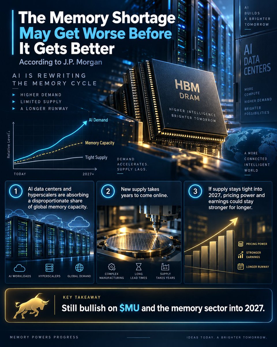ItsBenVale's tweet photo. The memory shortage isn’t over.

AI demand keeps rising.
New supply takes years.

J.P. Morgan says the shortage could take years to unwind.

Still bullish on memory into 2027. $MU https://t.co/fqaZfpy4Wg