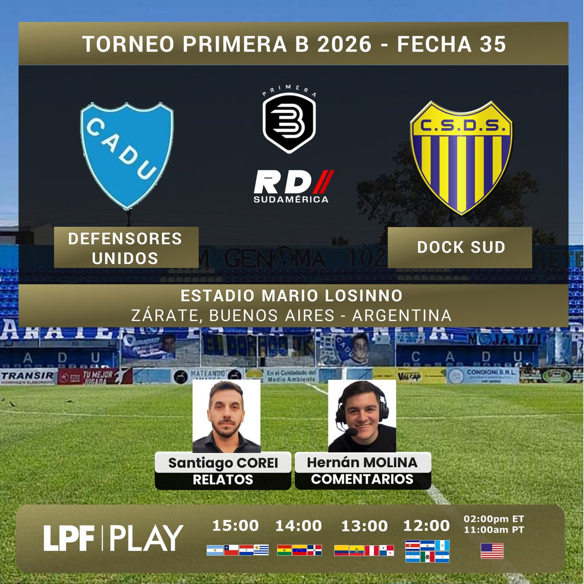 deportiva_sur's tweet photo. #PrimeraB 2026 🇦🇷
#DefensoresUnidos (#CADU) vs #DockSud
🎙️ Relatos: @santi_corei
🎙️ Comentarios: @hernanmolinaa
📺💻📱 @LPFPlay
#️⃣ #PrimeraBxLPFPlay - #LaPasiónDelFútbol https://t.co/ujemI0x4oL