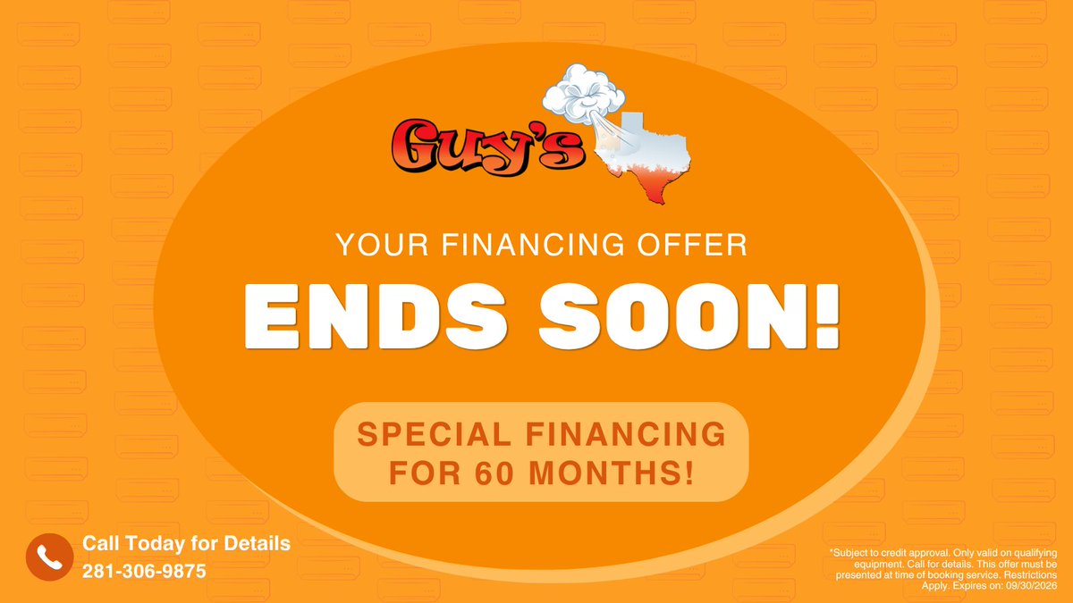 GuysAC_TX's tweet photo. ⏰ Time is running out!

Special Financing for 60 Months on Qualifying Equipment ends September 30.

Call Guy's AC to learn more.
📞 281-306-9875

License #TACLA2990C
#HVACFinancing #GuysAC https://t.co/XcdqXAmi97