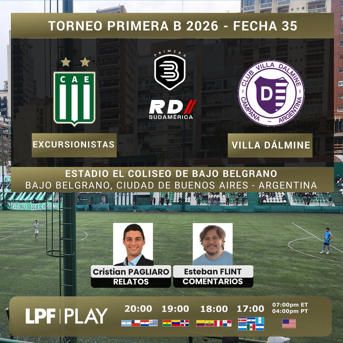 deportiva_sur's tweet photo. #PrimeraB 2026 🇦🇷
#Excursionistas vs #VillaDálmine
🎙️ Relatos: @CrisPagliaro
🎙️ Comentarios: @EstebanFlint
📺💻📱 @LPFPlay
#️⃣ #PrimeraBxLPFPlay - #LaPasiónDelFútbol https://t.co/I93CpgfqZe