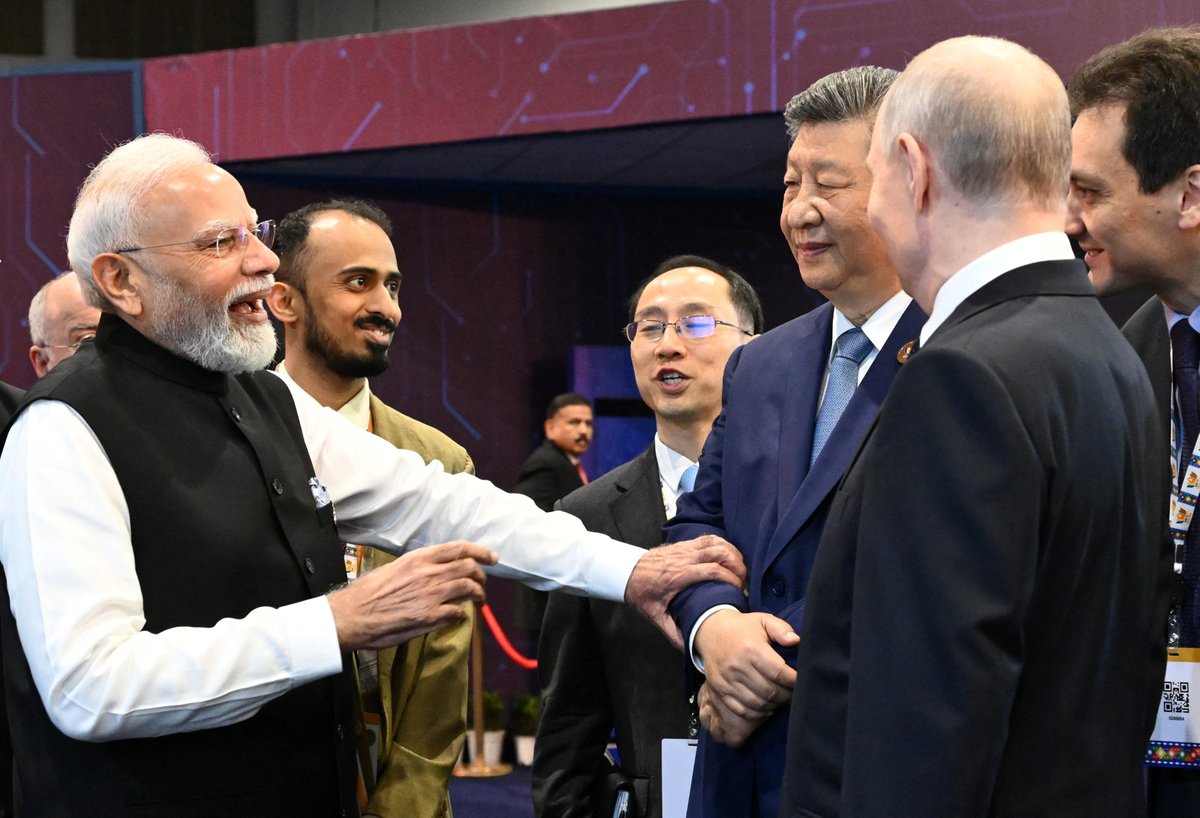 ANI's tweet photo. Prime Minister Narendra Modi with Chinese President Xi Jinping, Russian President Vladimir Putin, and other world leaders at the BRICS Summit in Delhi

(Source: Reuters) https://t.co/Z6yEEM0CfK