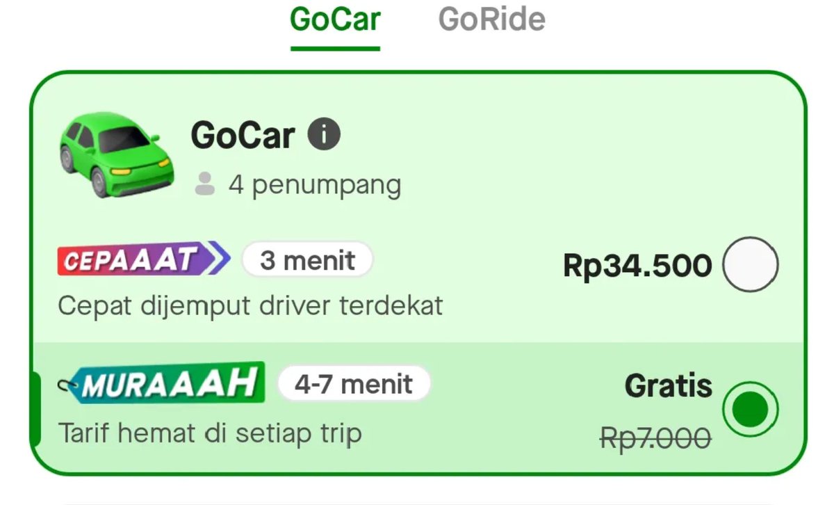 txtharihariWNI's tweet photo. Guys, mau nanya dong.

Ini aku mau pulang dari RS, pas ngecek yang murah, masa gratis? 😭

Ini kira-kira aman gak ya? Takut kena omel drivernya 😭 Aku tetap mau bayar kok, cash 15–20K. 😁

Menurut kalian, kalau dapat orderan kayak gini, mending tetap ambil atau gimana? https://t.co/UySIHuwd6U