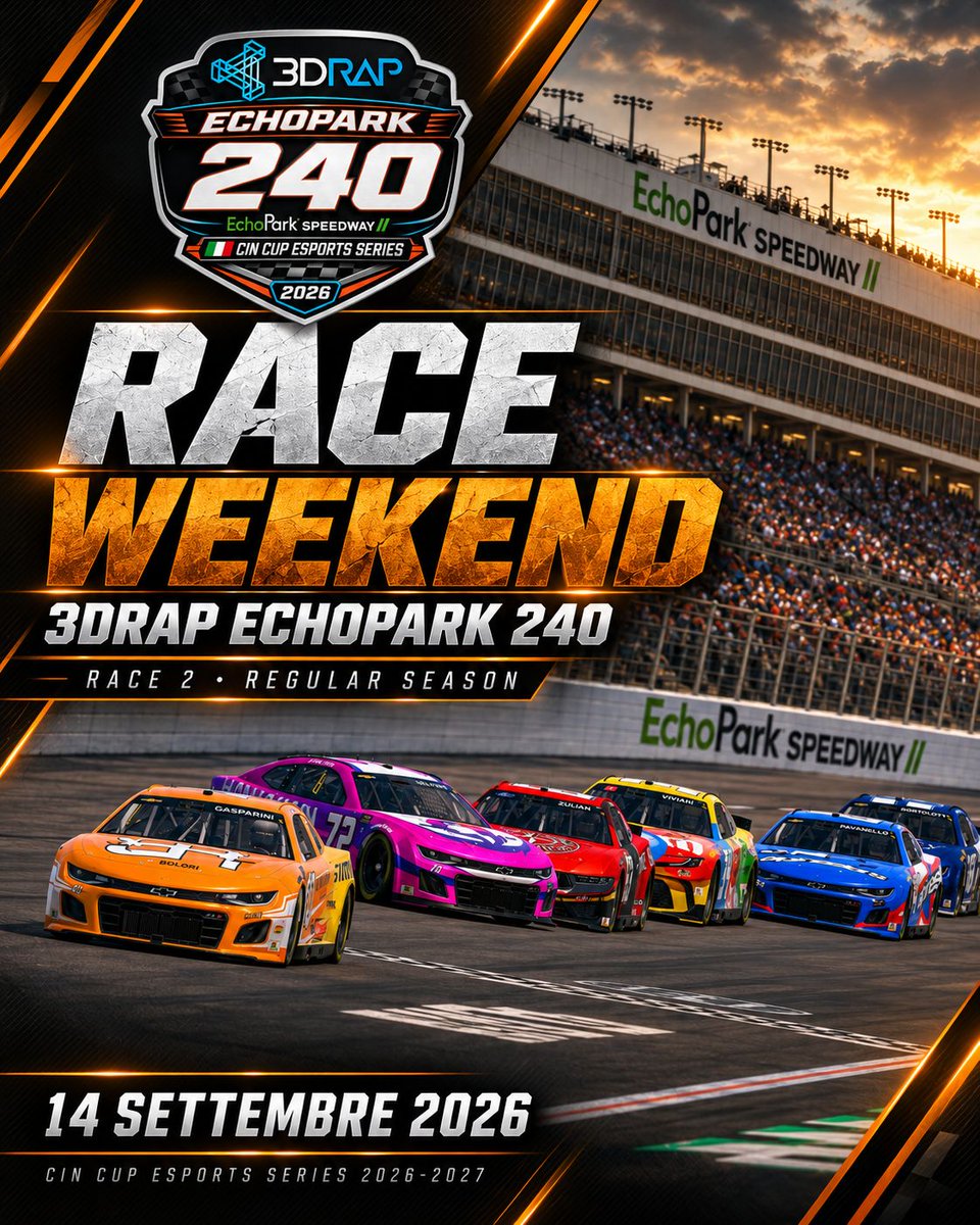 cin_cup's tweet photo. ๐ RACE WEEKEND โ 3DRAP ECHOPARK 240
๐ EchoPark Speedway
๐ 3DRAP EchoPark 240
๐
14 settembre 2026
๐ฅ Race 2 โ Regular Season
Il weekend di gara รจ ufficialmente iniziato.
#CINCup #CINCupESportsSeries #EchoPark240 #EchoPark #iRacing #SimRacing #RaceWeekend https://t.co/kNWe94oWWr