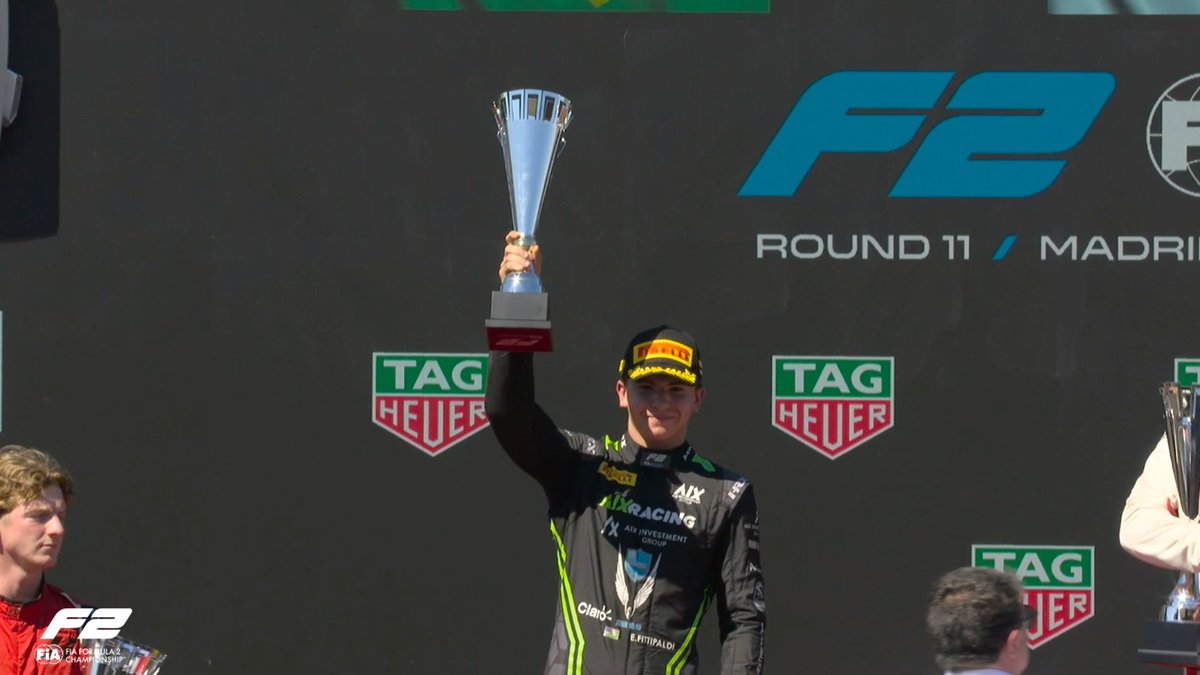 Formula2's tweet photo. A first #F2 podium for Emerson Fittipaldi! 👏

P2 for the Brazilian in the Madring Sprint! 🥈🏆

#SpanishGP https://t.co/JIfLunZIz5