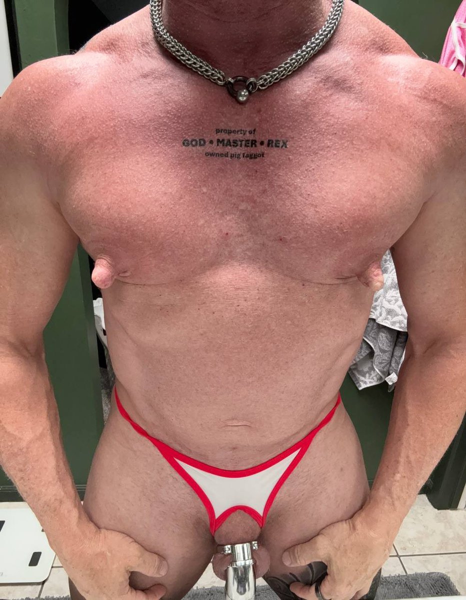 jockslutrex's tweet photo. My pig slave @Bred2Serve testing possible tattoo placements for me. His muscles are blowing up and I have him pumping his nips daily. Locked 24/7 without release for almost a year now. 💪🔒🖤

#himbo #jockslut #chastity #teamlocked #gaymuscle https://t.co/7cmGX5c2ag