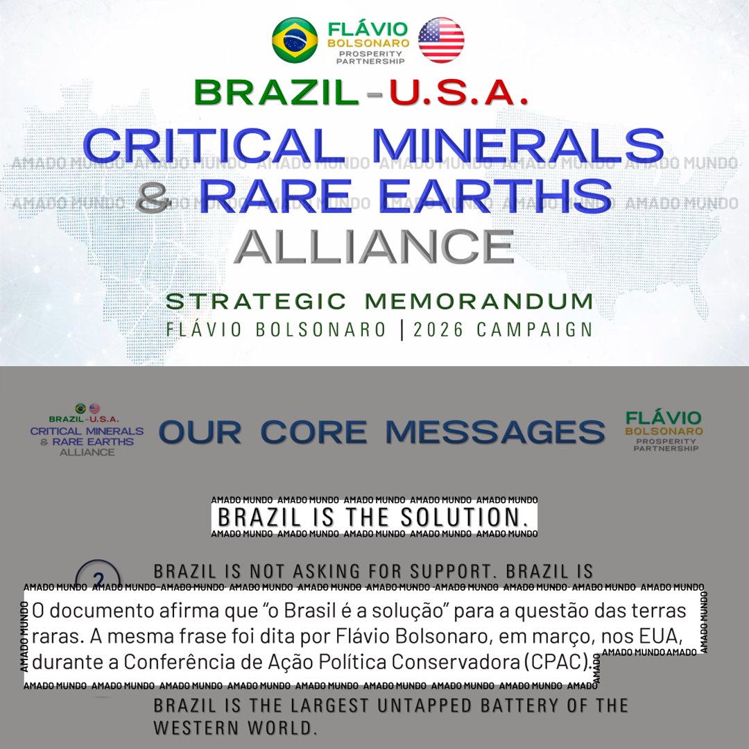 republiqueBRA's tweet photo. 🚨 🇺🇸 Candidato ao governo do Rio, André Marinho elaborou um “memorando estratégico” em inglês sobre uma possível parceria com os EUA para a exploração de minerais críticos e terras raras em um eventual governo de Flávio Bolsonaro; embora negue ligação com a campanha de Flávio, o documento traz a identificação “Flávio Bolsonaro | 2026 Campaign” e o slogan “Prosperity Partnership”.