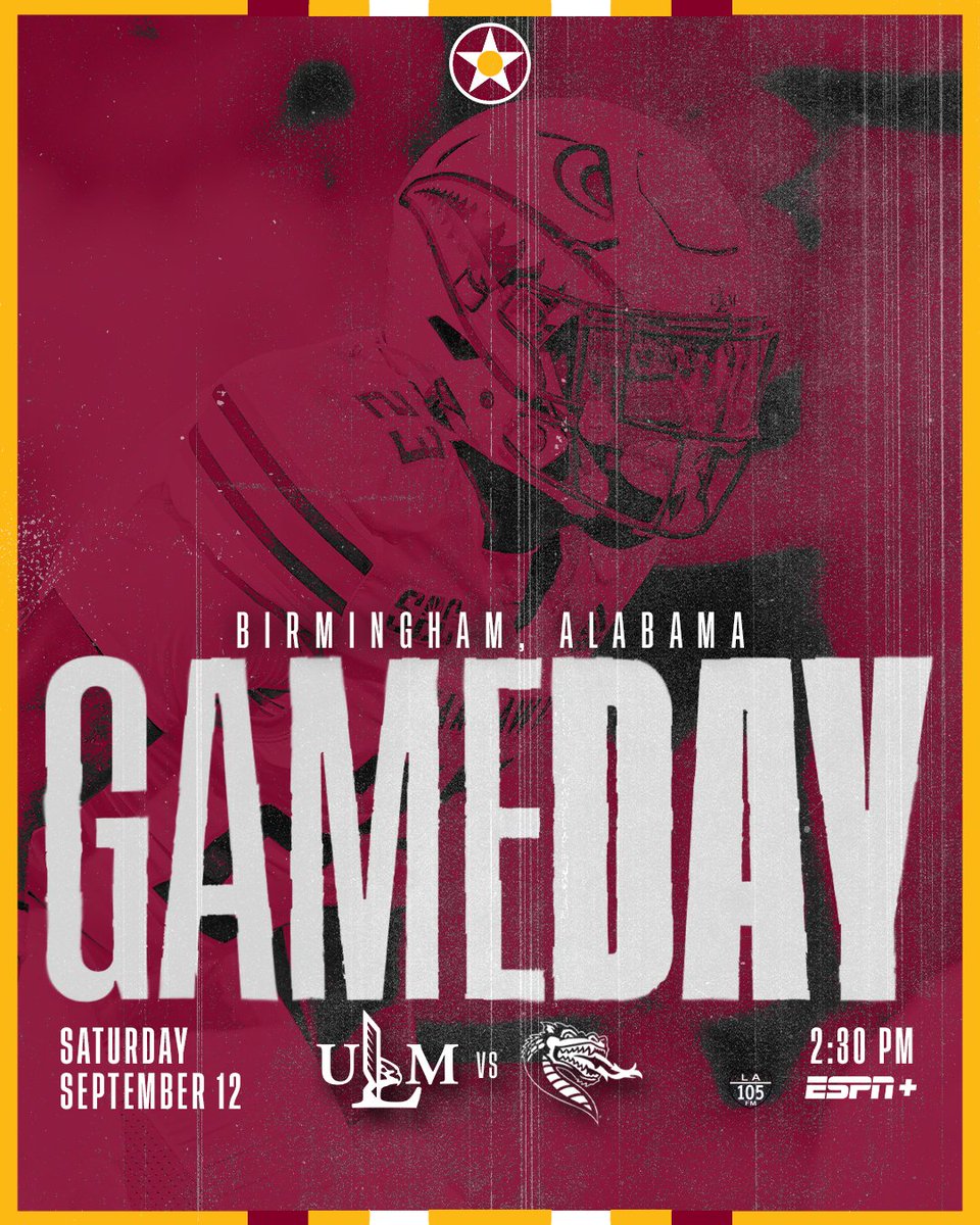 ULM_FB's tweet photo. Gameday in Alabama.

🆚 UAB
🕝 2:30 pm
📍 Birmingham, AL
📺 ESPN+ | https://t.co/pYI2c5indq
📻 KLIP 105.3 FM | https://t.co/9hEUTeLqhF https://t.co/1XVs8UuUVG