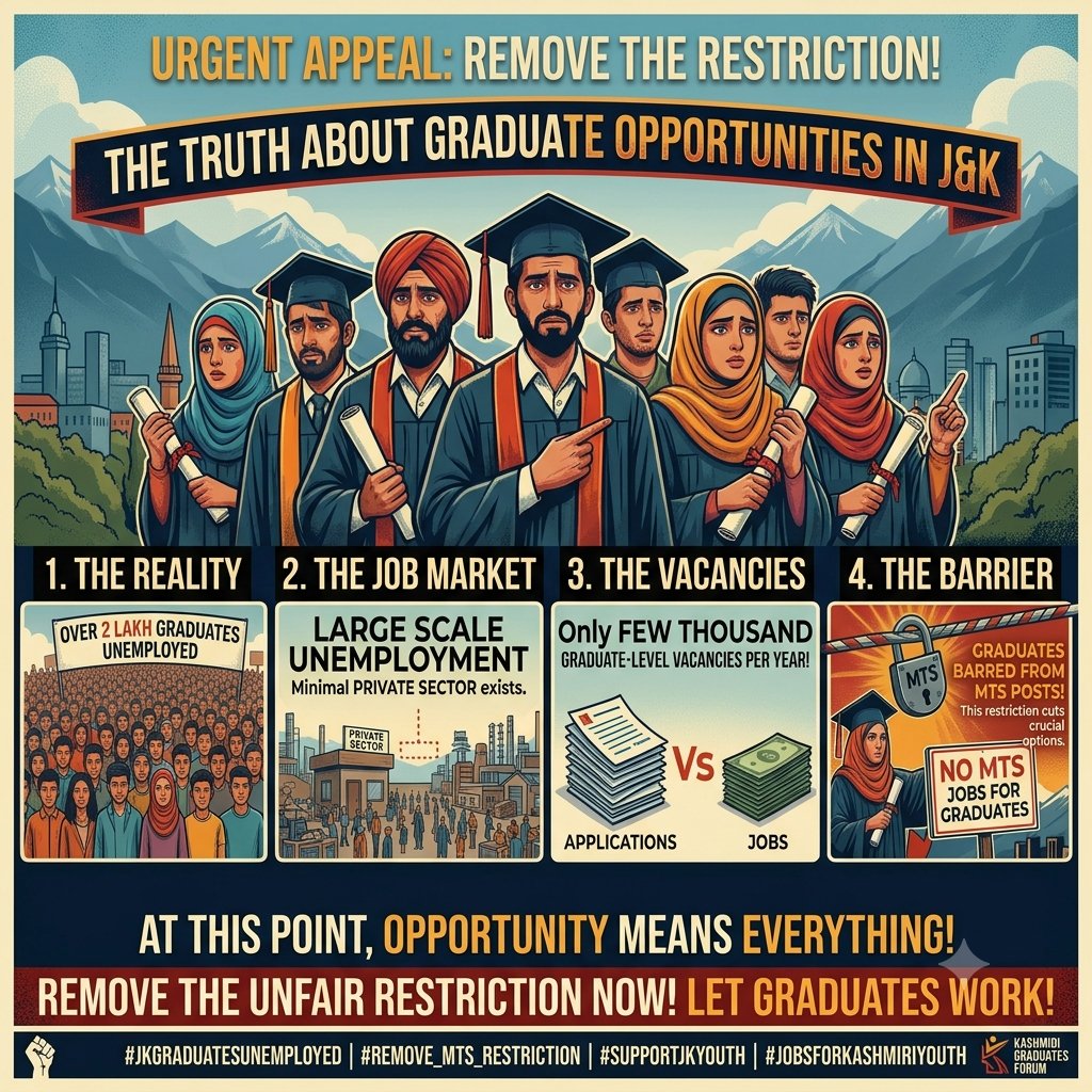 Bhairav2005's tweet photo. Many claim that graduates have plenty of opportunities ignore the reality in J&amp;K. With 2L+ unemployed graduates, a weak private sector, and only a few thousand graduate vacancies yearly, restricting them from MTS posts cuts off vital options. Remove the 10+2 cap! @OmarAbdullah https://t.co/lLzWZLgT0R