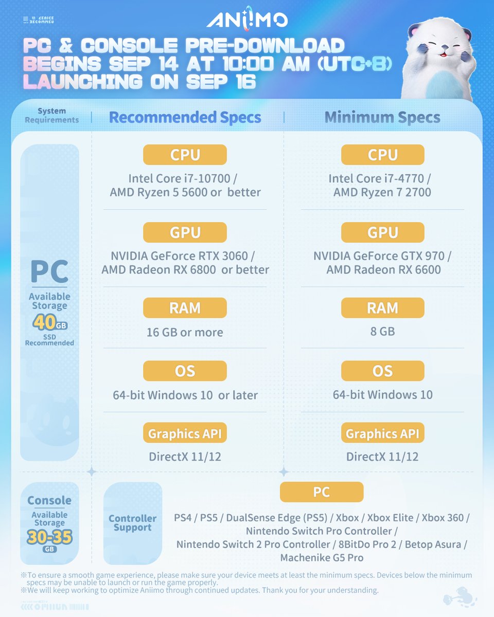 Aniimo_EN's tweet photo. 📢 Pathfinders! The final PC and Console system requirements for Aniimo are here.

⚙️ Please check this chart to see how the game will run in your system.

Aniimo arrives to PC and Consoles on September 16th and pre-downloads will be available starting on September 14th at 10AM (UTC+8). Don't forget to pre-register: https://t.co/rX54g2q94D

#Aniimo #AniimoGlobalLaunch #AniimoPCConsole916 #AniimoMobile923