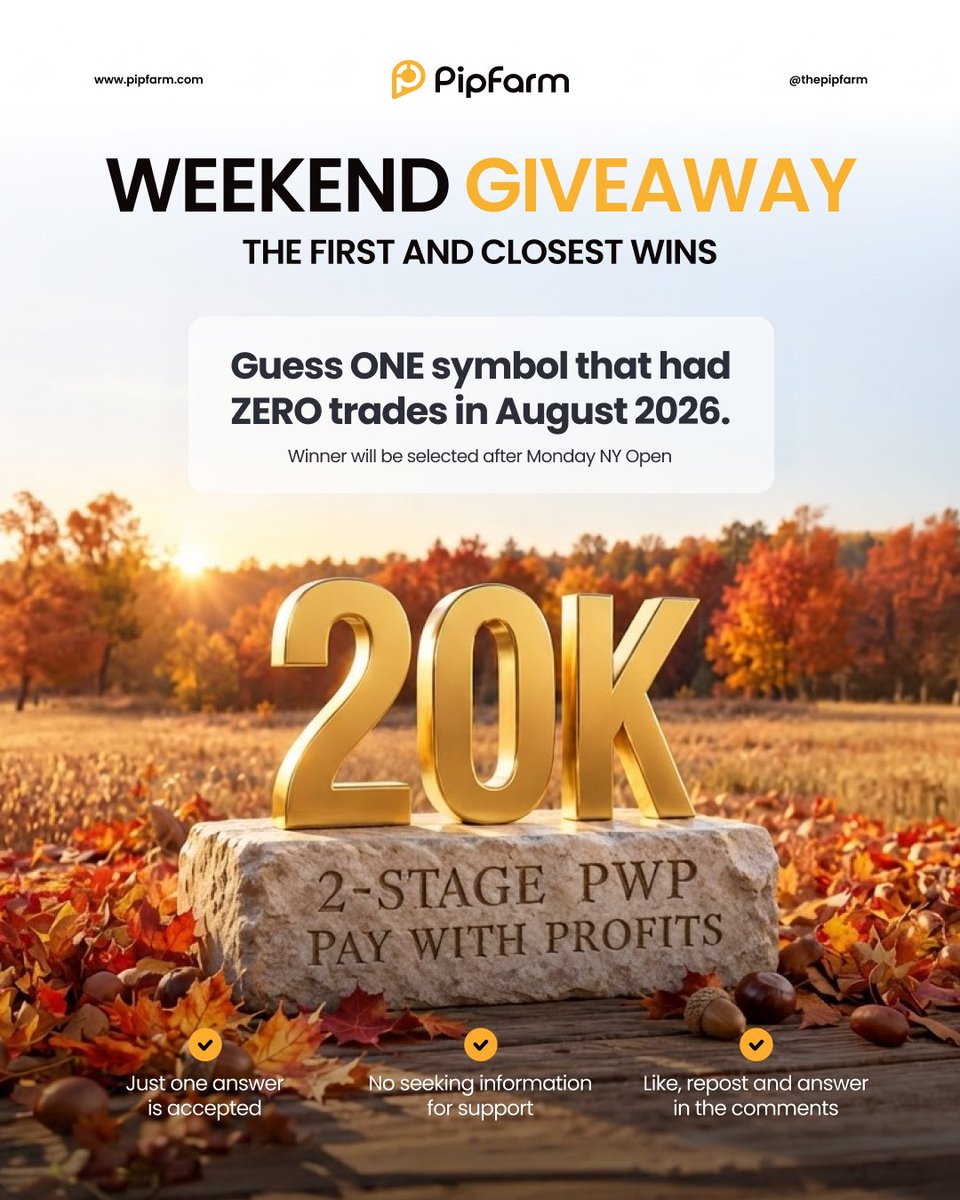 thepipfarm's tweet photo. ☀️ WEEKEND GIVEAWAY ☀️

💡PipFarm offers 83 tradable symbols — but some barely get touched.

❓ Guess ONE symbol that had ZERO trades in August 2026.

🎁 There are multiple correct answers. The first three people to guess a unique correct symbol each win a 20K 2-Stage PWP Challenge.

To enter:
👇 Comment ONE symbol only
❤️ Like
🤝 Follow
🔁 Repost

Entries close at the New York open on Monday.