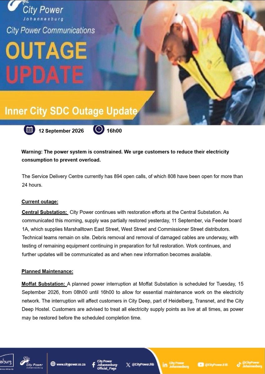 CityPowerJhb's tweet photo. #InnerCityOutage #CityPowerUpdates 

Kindly see the attached information for the latest updates and also follow our WhatsApp channel for electrifying updates on developments. ^MJ https://t.co/Yaujd4reFx