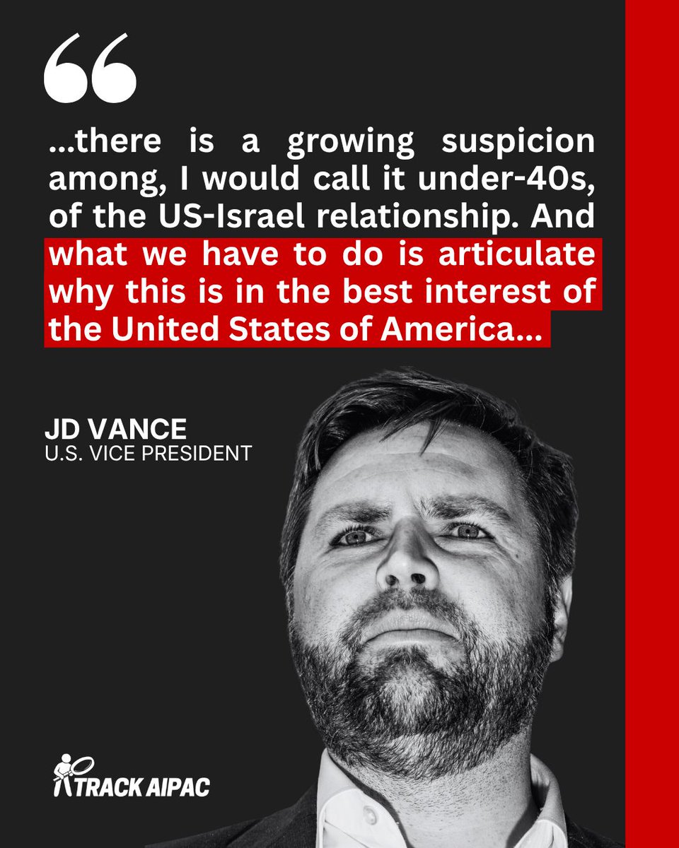 TrackAIPAC's tweet photo. JD Vance secretly met with the pro-Israel lobby this week, no press allowed. Leaked audio: he's selling voters under 40 on more weapons and money for Israel.

He also attacked our MI Senate candidate, Abdul El-Sayed. AIPAC spent $30M there and lost. https://t.co/WF5sWEtwHU