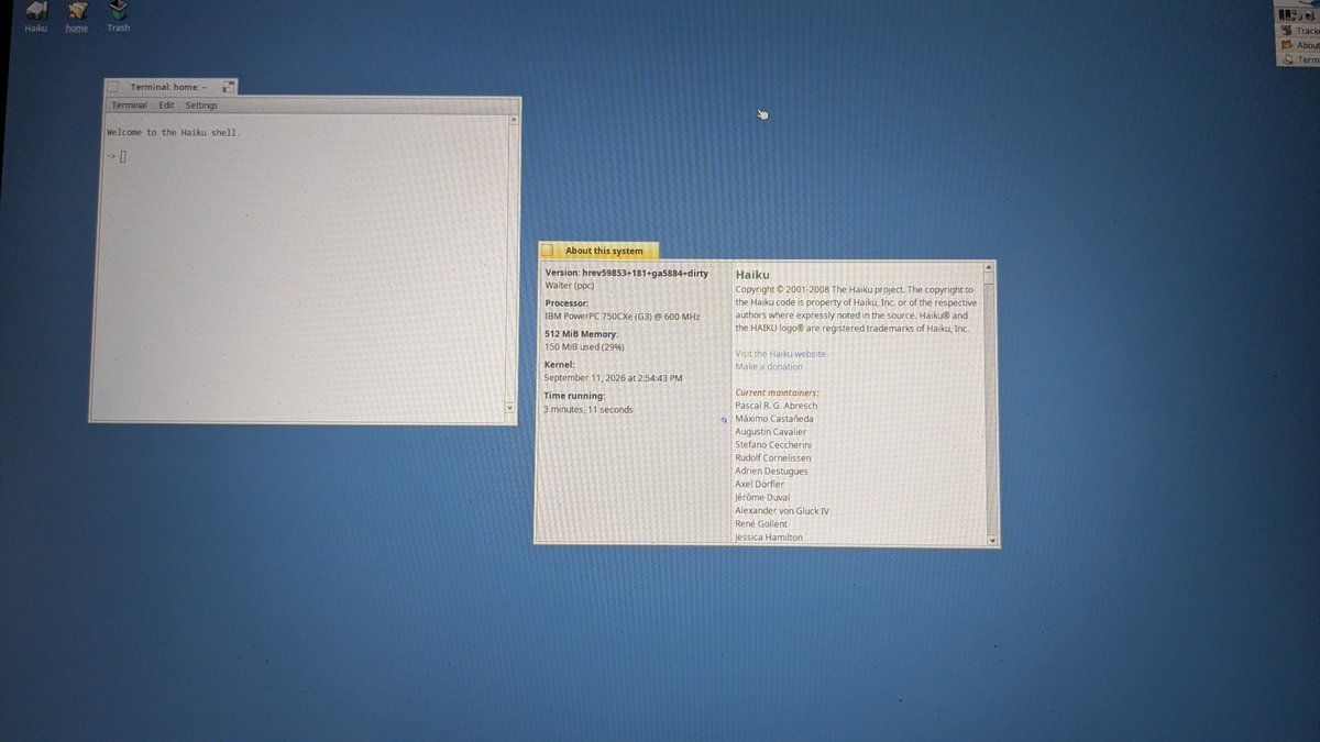 warpdesign_'s tweet photo. 🎉 A milestone for Haiku on PowerPC: Haiku OS has booted all the way to the desktop on a real Pegasos 2!
Thanks to @ActionRetro1 for getting Haiku running on real PowerPC Macs in the first place!
#HaikuOS #PowerPC https://t.co/G8SeQoCyT1